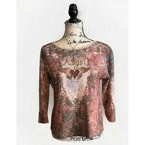 VTG Y2K Cactus Bedazzled Lace Trim Angel Tattoo Top